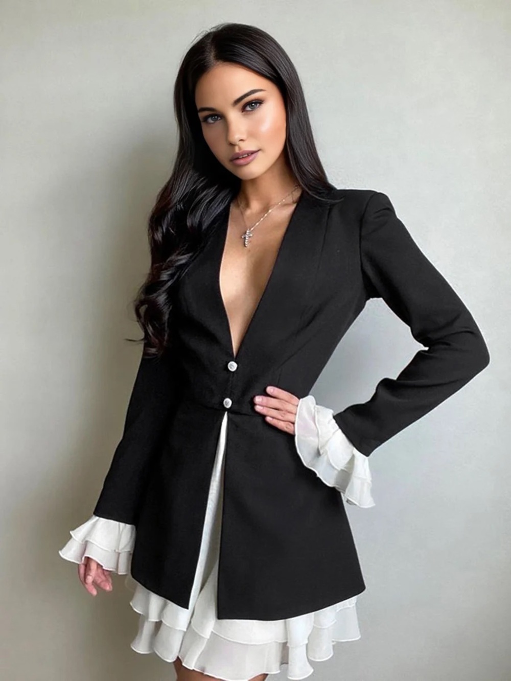 Commense Blazer V-Neck Buttoned Short Dress